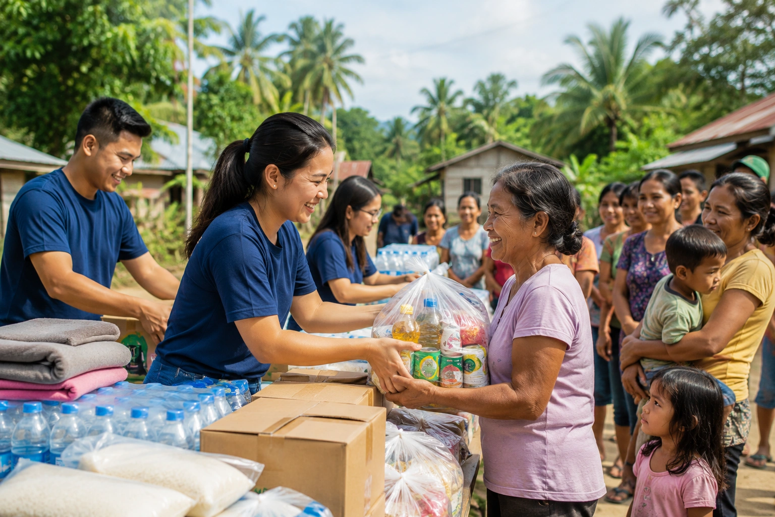 Food and Essential Relief for Families Volunteers distributing food and essential relief supplies to families facing hardship