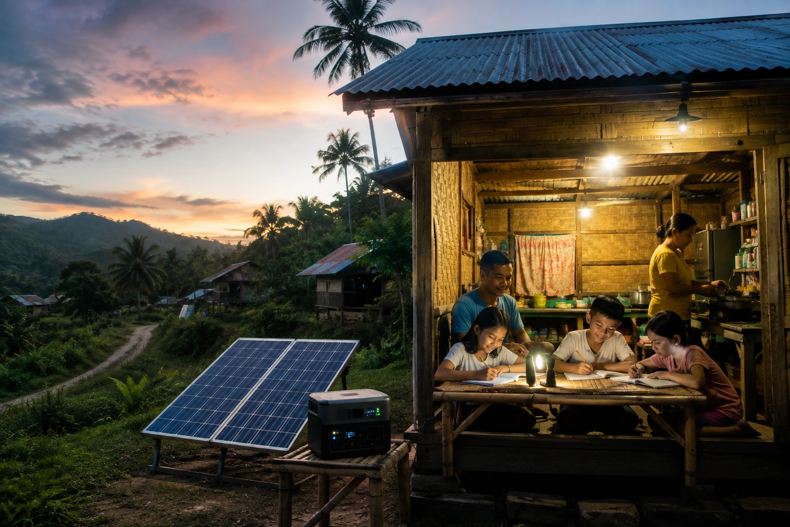 Solar Electricity for Off-Grid Homes Family using solar electricity in an off-grid rural community